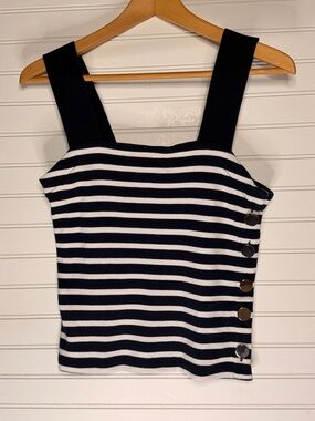 Ann Taylor Striped Navy & White Tank Top with Gold Side Buttons, Size XS